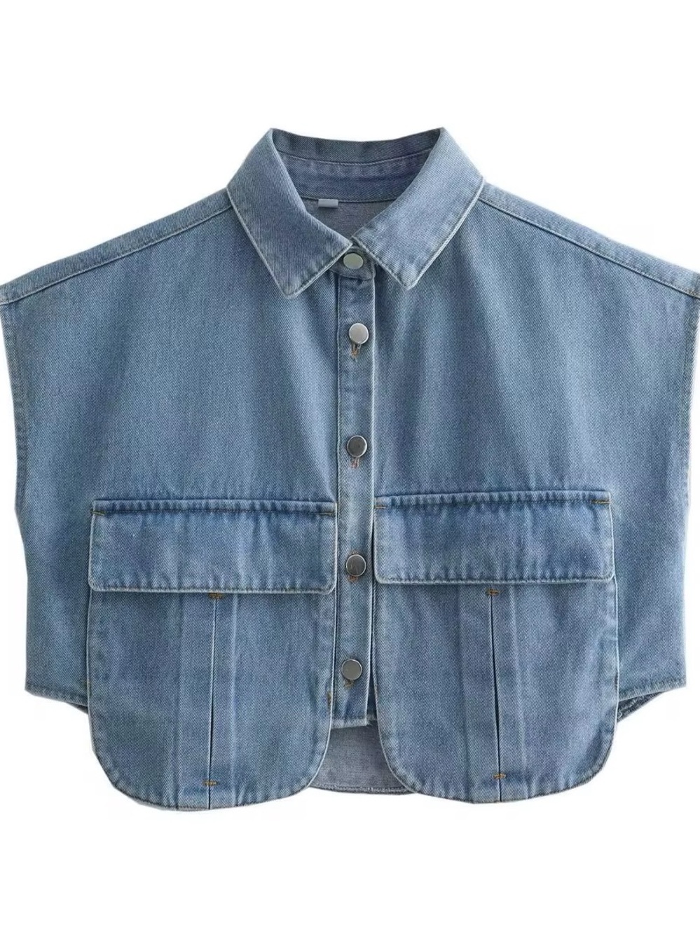 Denim Snap-Front Pocket Crop Shirt Collar Vest - Light Blue